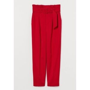 HM Womens Red Paperbag Waist Belted Tapered Trousers Pants Size 10‎ Ankle Length